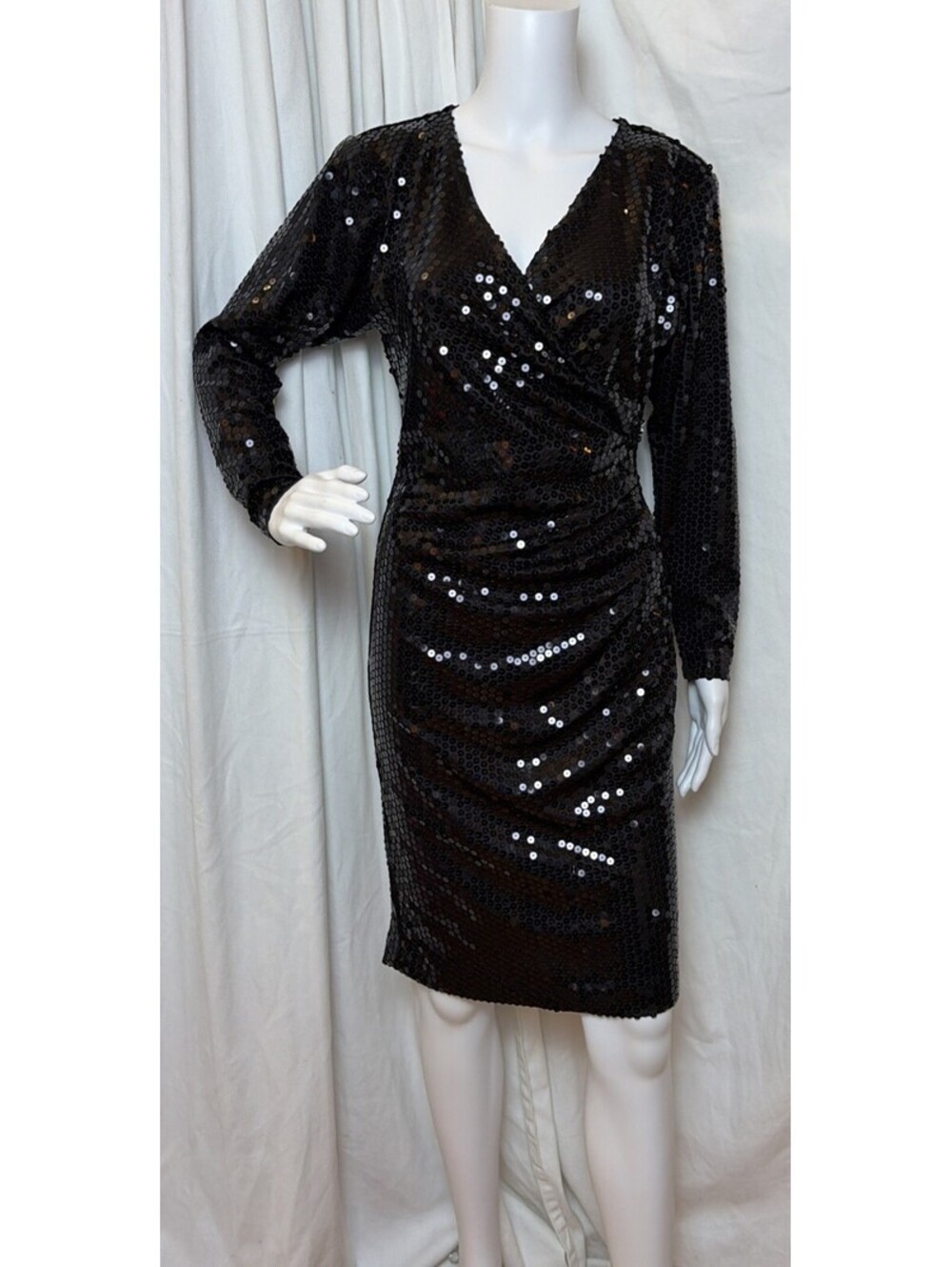 VTG 80s 90s Night Way Black Sequin Body Con Cocktail Party Midi Wrap Dress 6/S